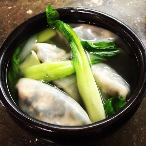 Tofu and spinach dumplings in Pho broth with bok choy