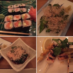 Clockwise from top left: Salmon suhi rolls; grilled Shishito pepers; garlic, gingko nut and scallion skewers; Oshitaki